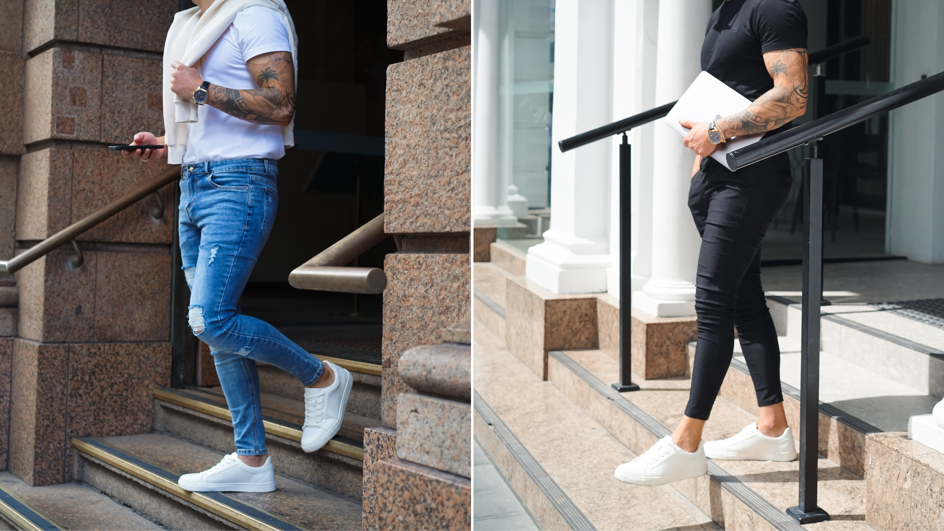 Chino pants and jeans walking down stairs comparison