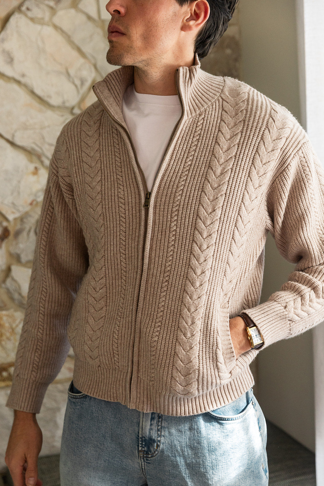 Taupe Cable Knit Zip