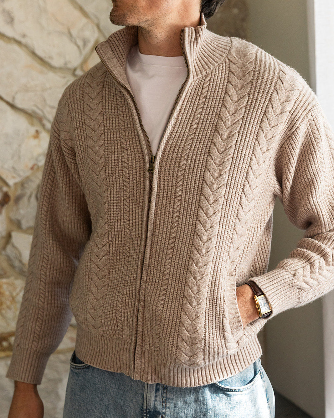 Oat Cable Knit Zip