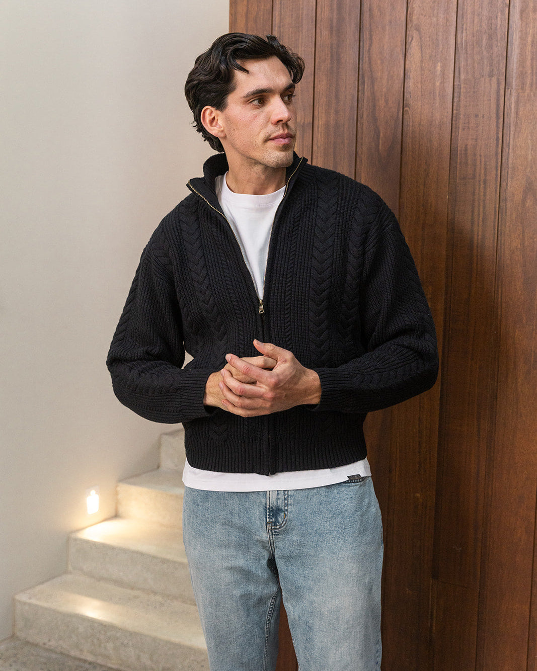 Black Cable Knit Zip