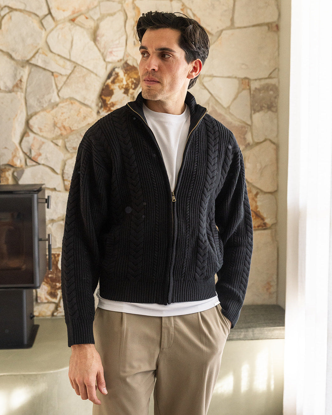 Black Cable Knit Zip