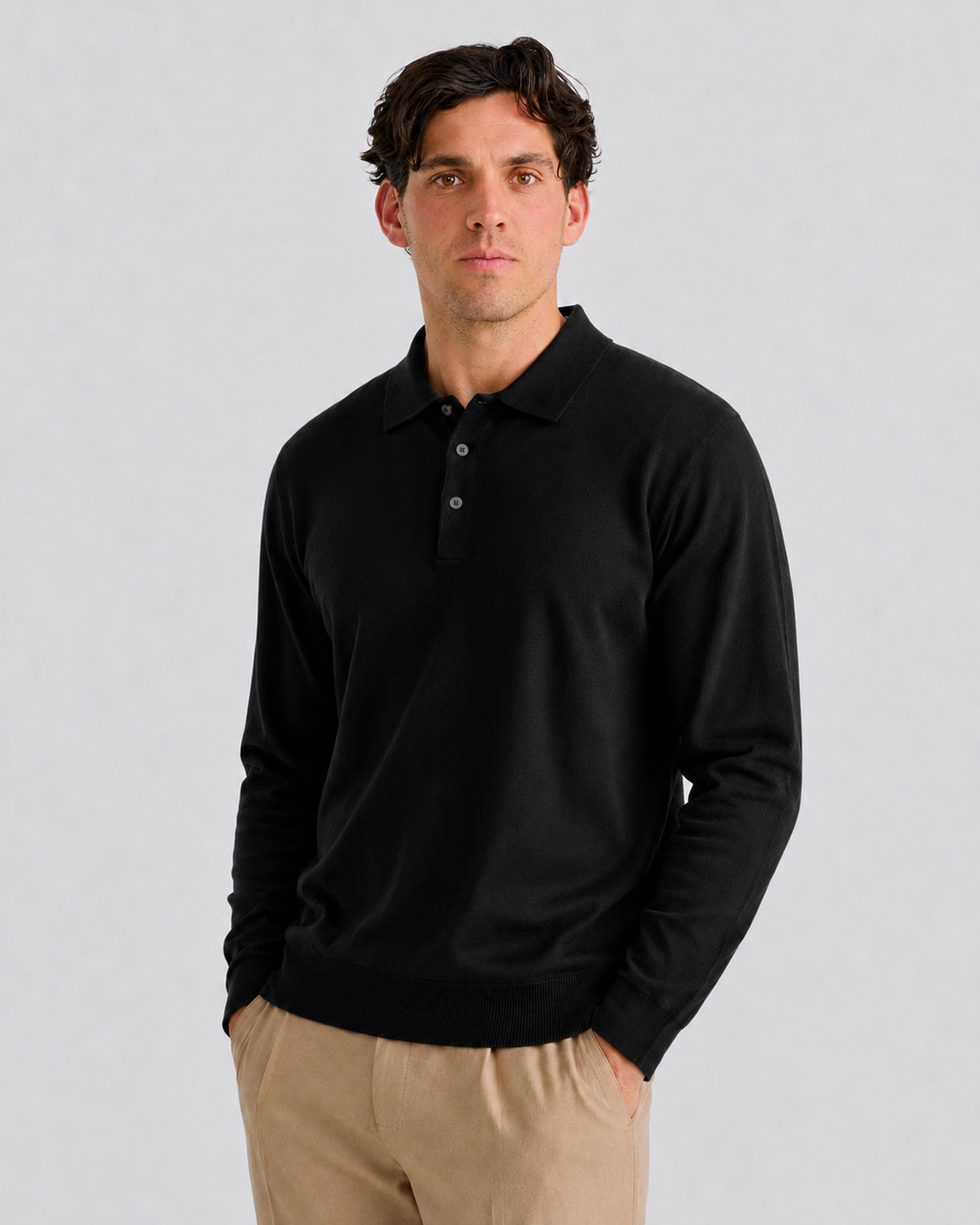Black Button Up Long Sleeve Polo