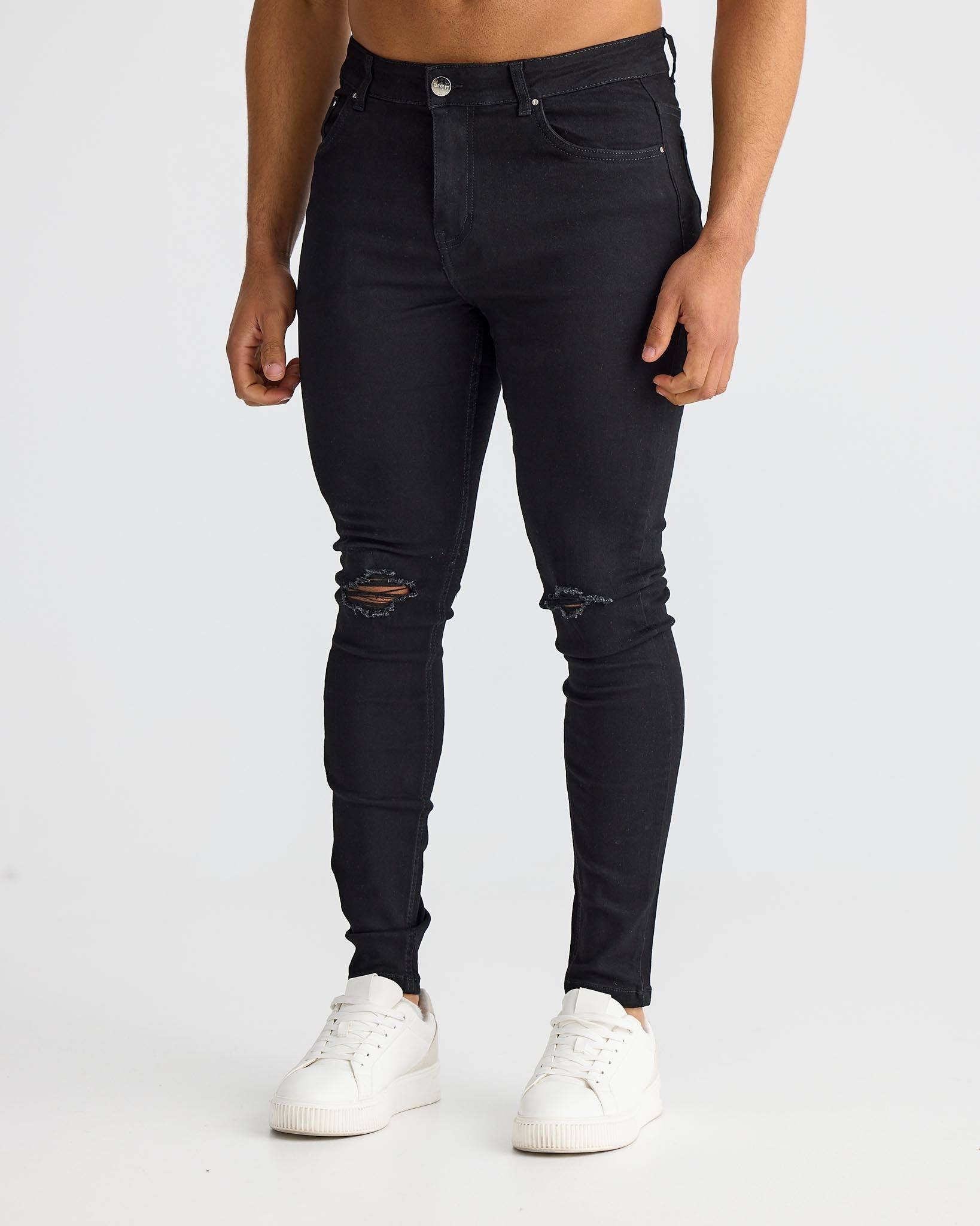 Black Destroyed Knee Skinny Fit Jeans - Main Image
