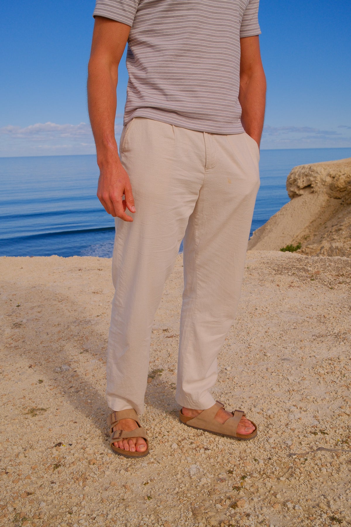 Sand Wide Pleat Linen Pant
