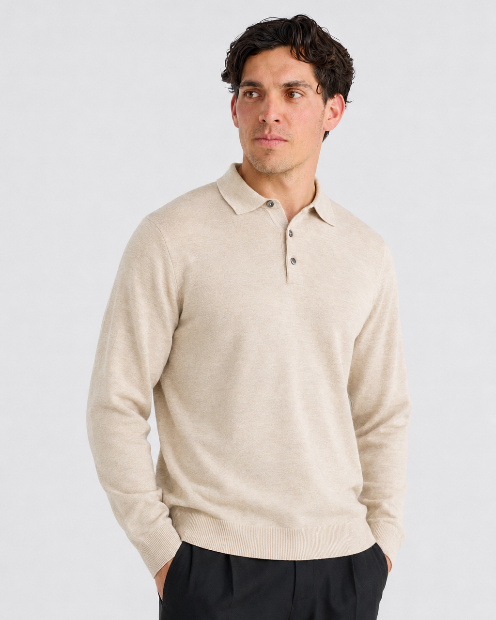 Oatmeal Button Up Long Sleeve Polo
