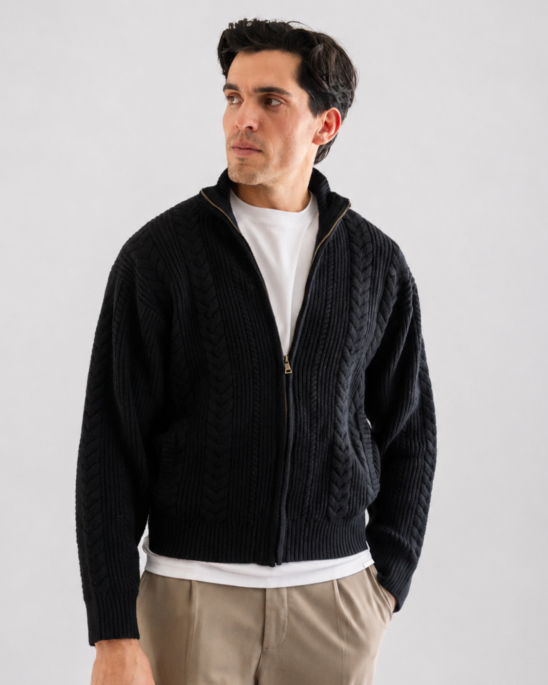 Black Cable Knit Zip