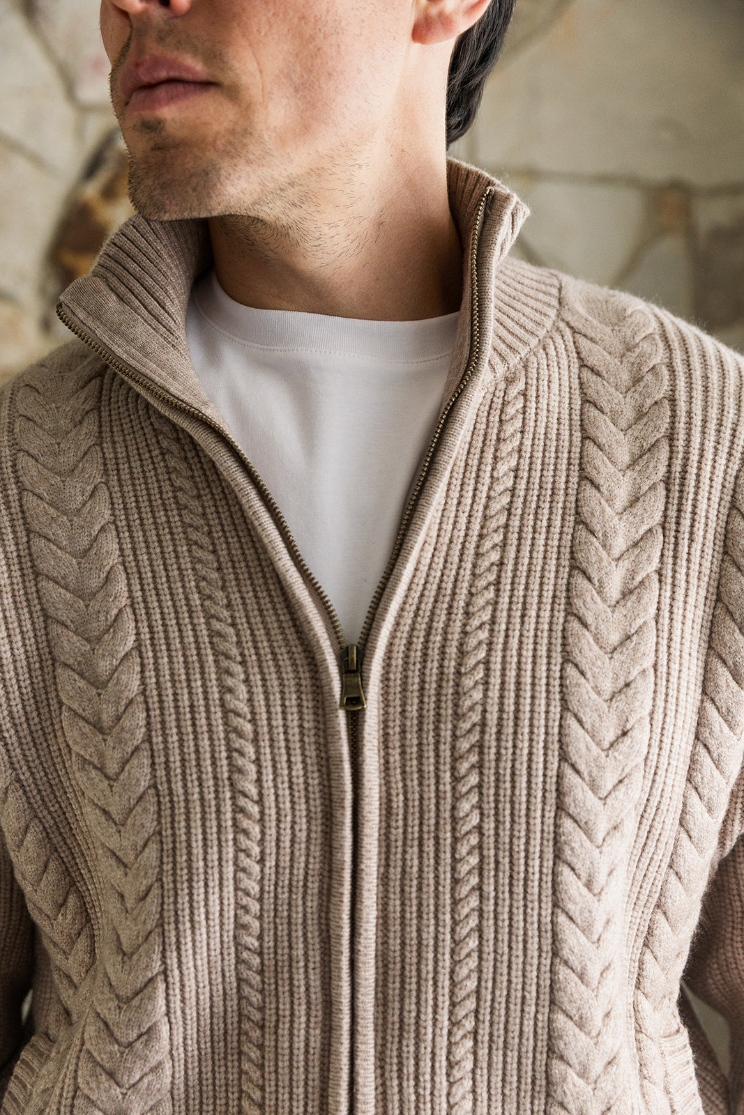Taupe Cable Knit Zip