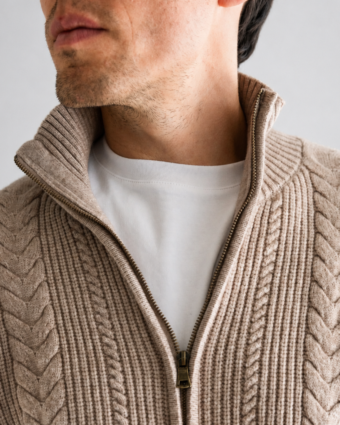 Taupe Cable Knit Zip