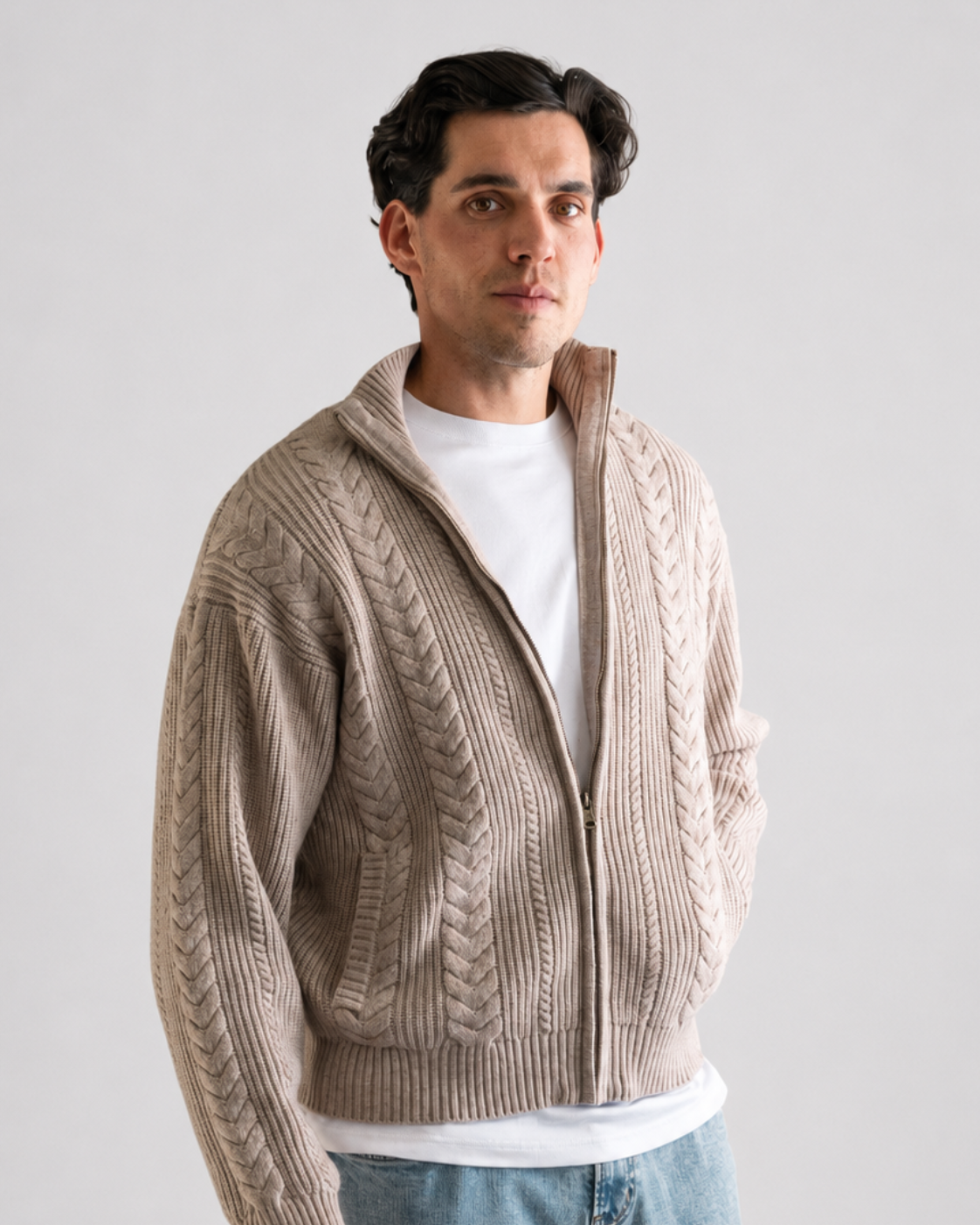 Taupe Cable Knit Zip