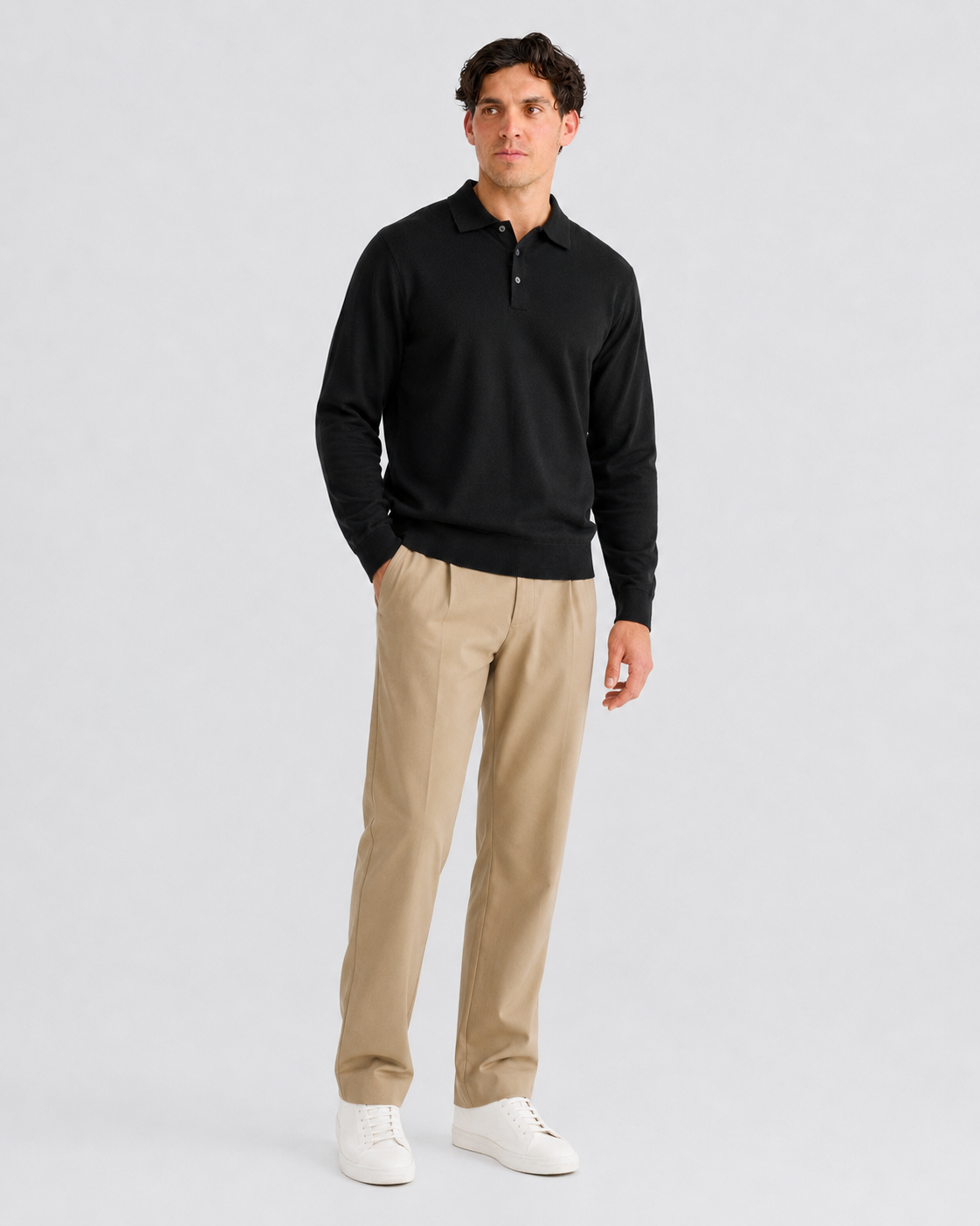 Black Button Up Long Sleeve Polo