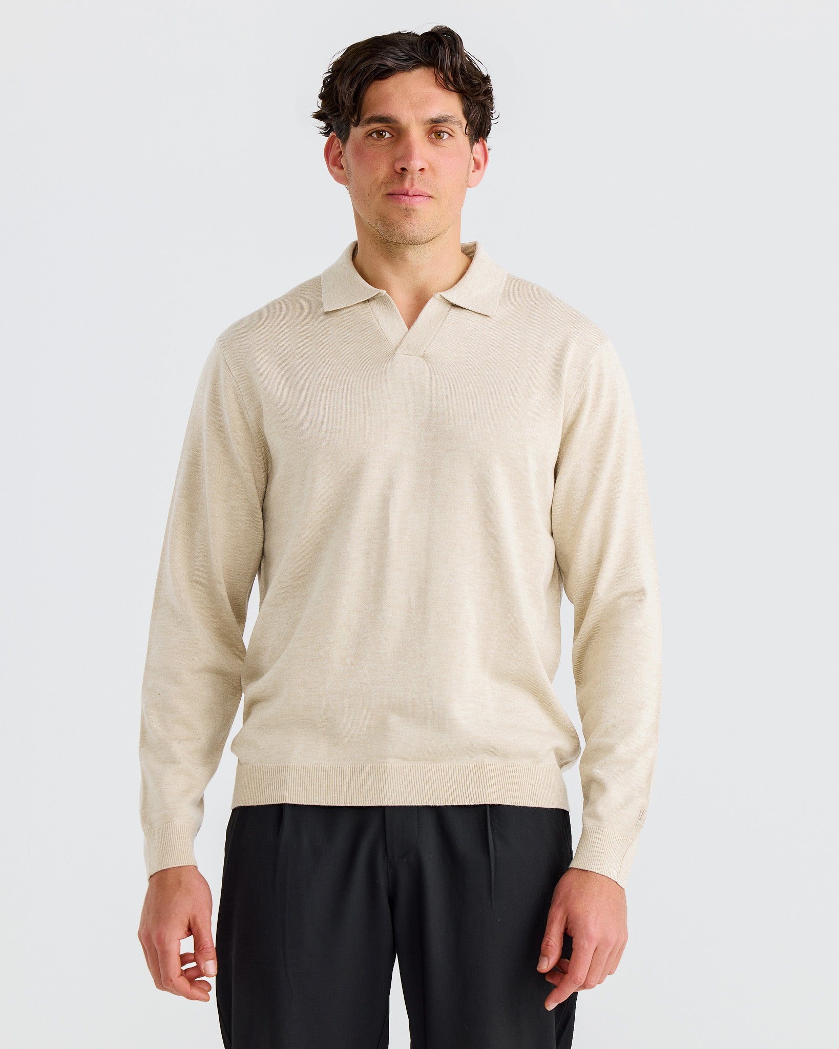 Sand Oxford Long Sleeve Polo