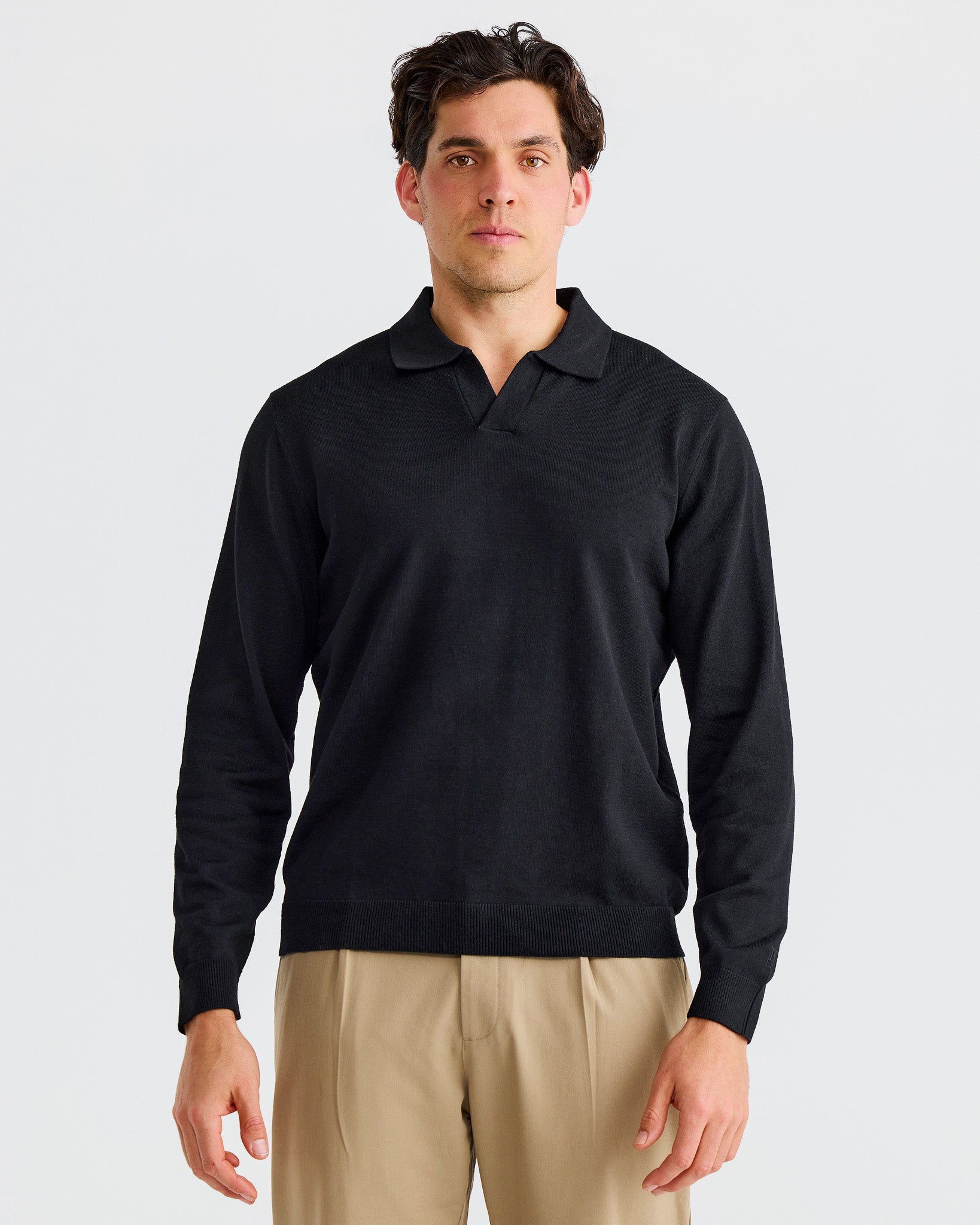 Black Oxford Long Sleeve Polo | Men's Polo Shirt | La Haute
