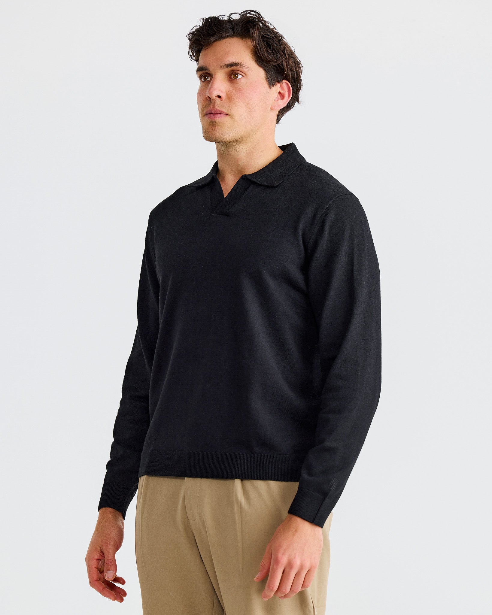 Black Oxford Long Sleeve Polo | Men's Polo Shirt | La Haute