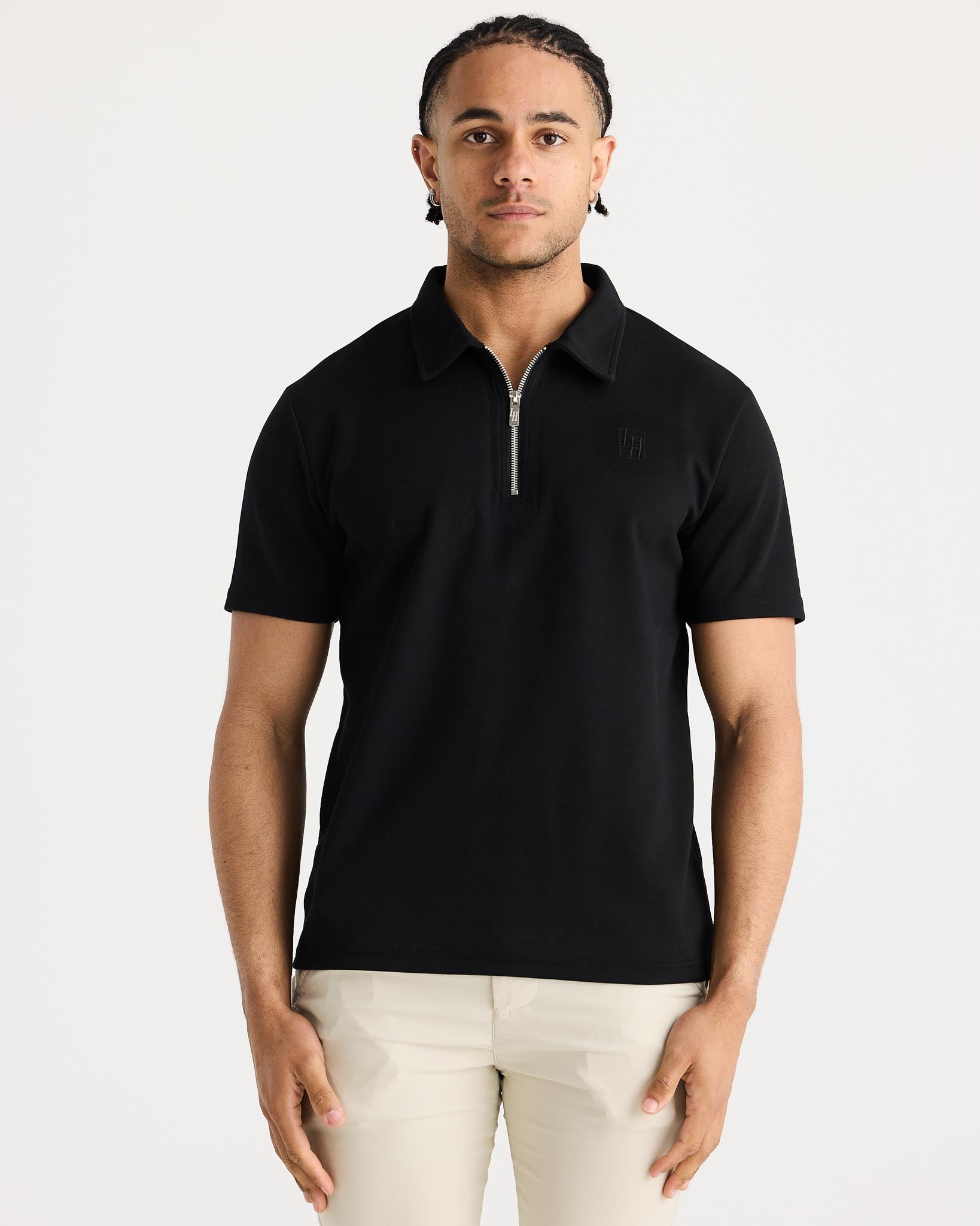 Black Short Sleeve Zip Polo