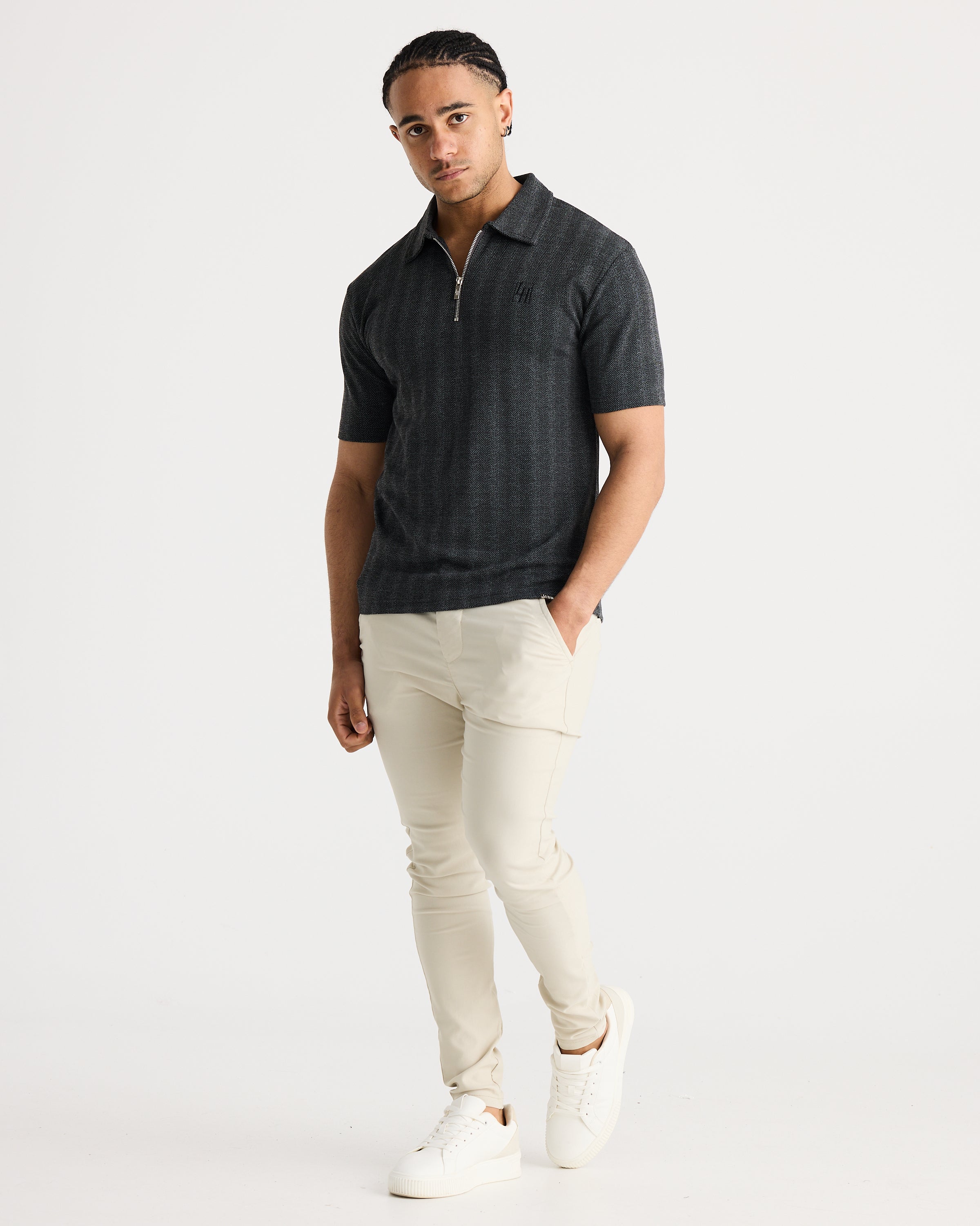 Charcoal Jacquard Zip Polo