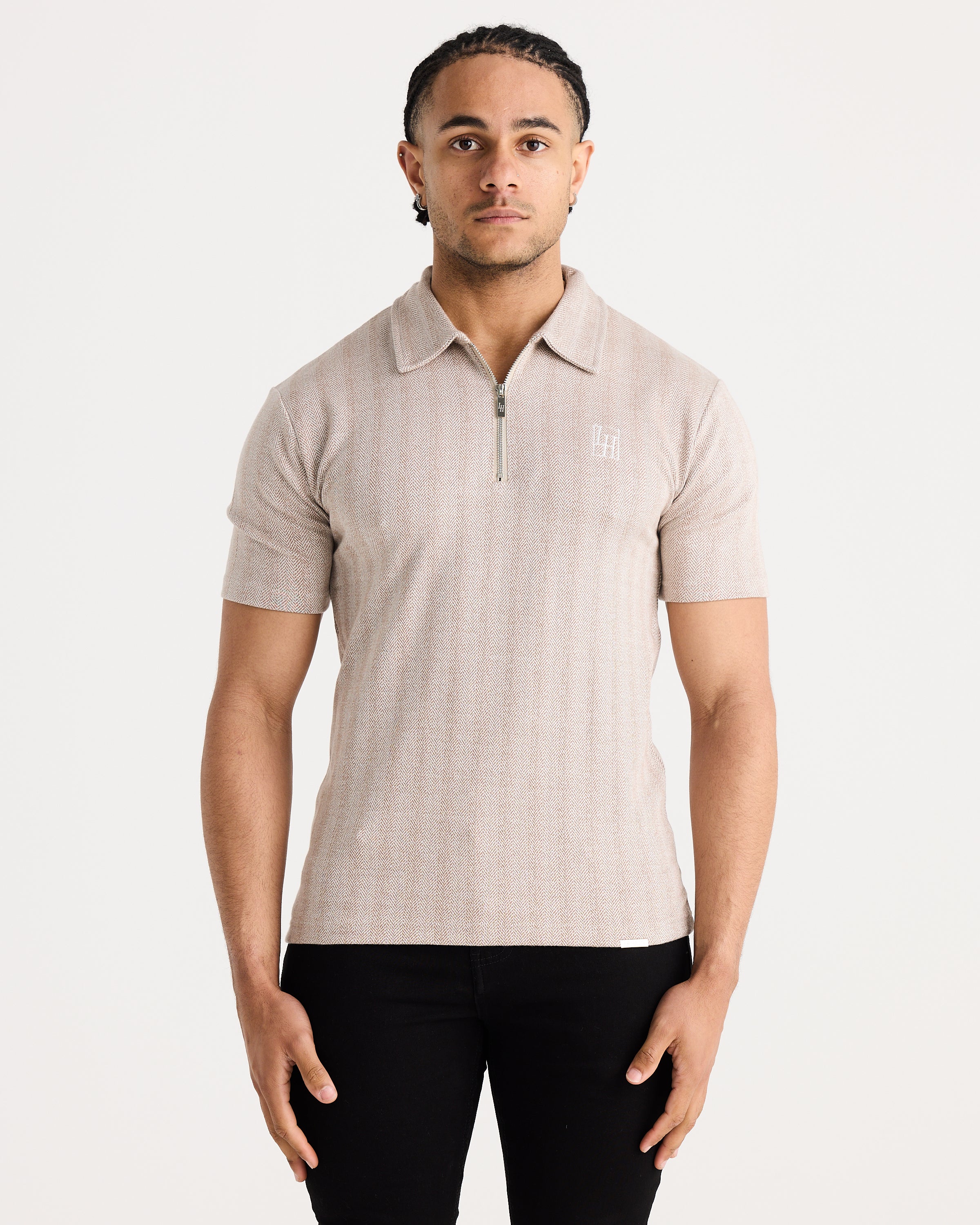 Taupe Jacquard Zip Polo