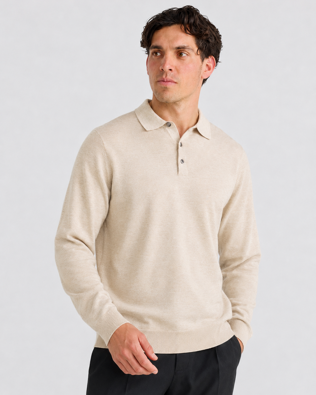 Oatmeal Button Up Long Sleeve Polo