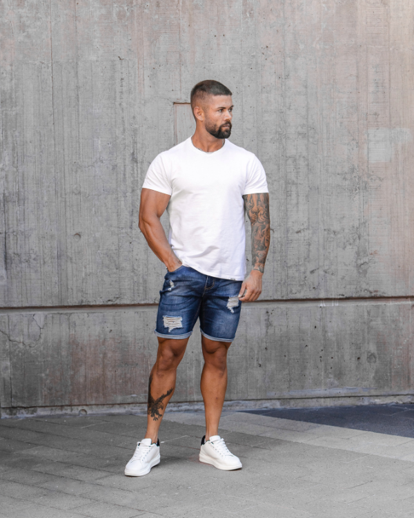 Dark blue ripped jean shorts discount