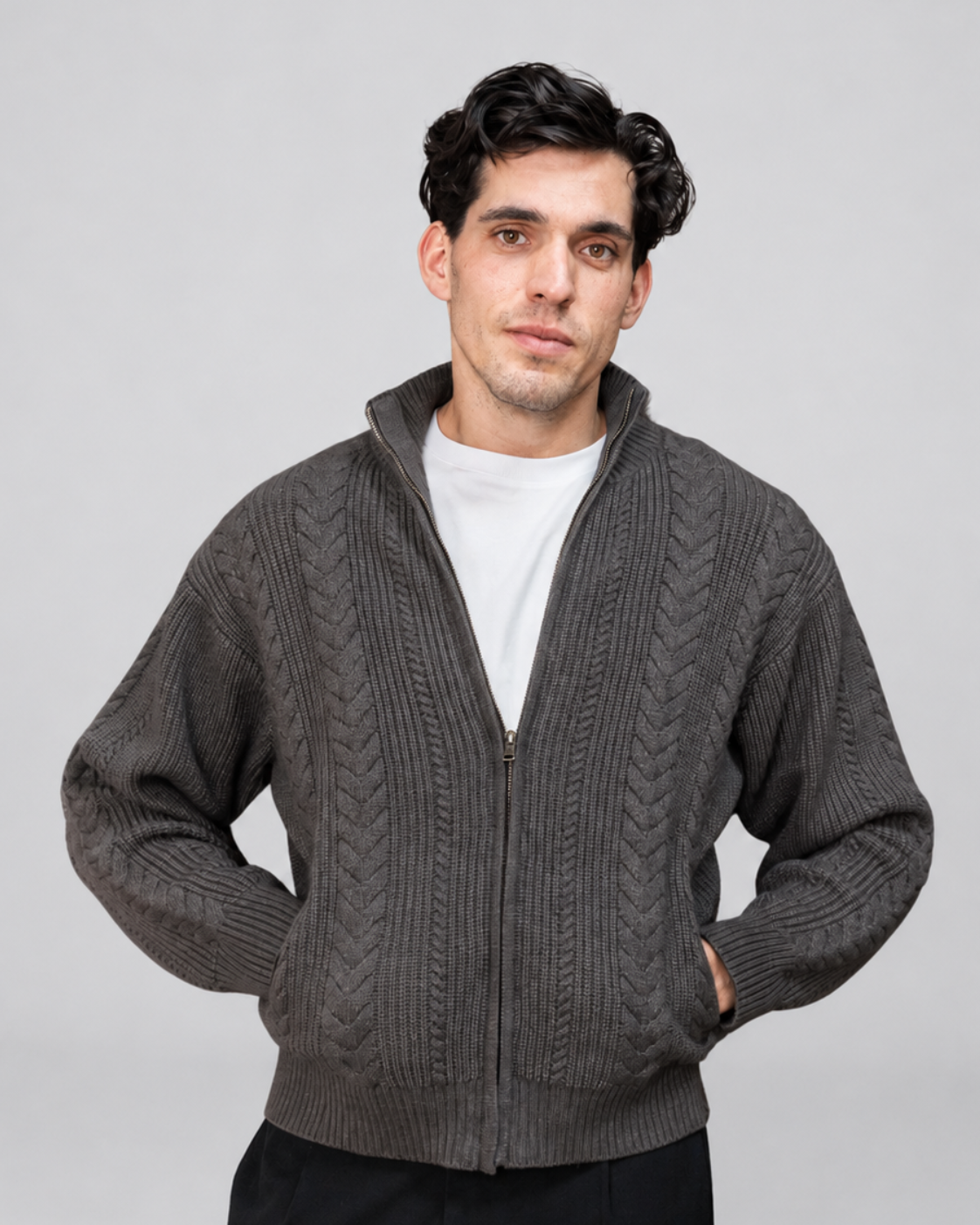 Mocha Cable Knit Zip