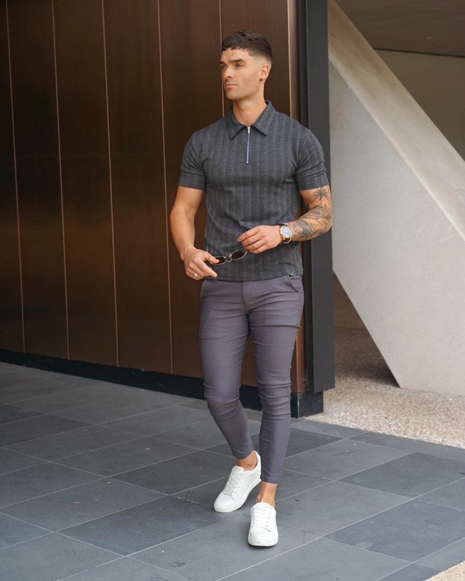 Charcoal Jacquard Zip Polo