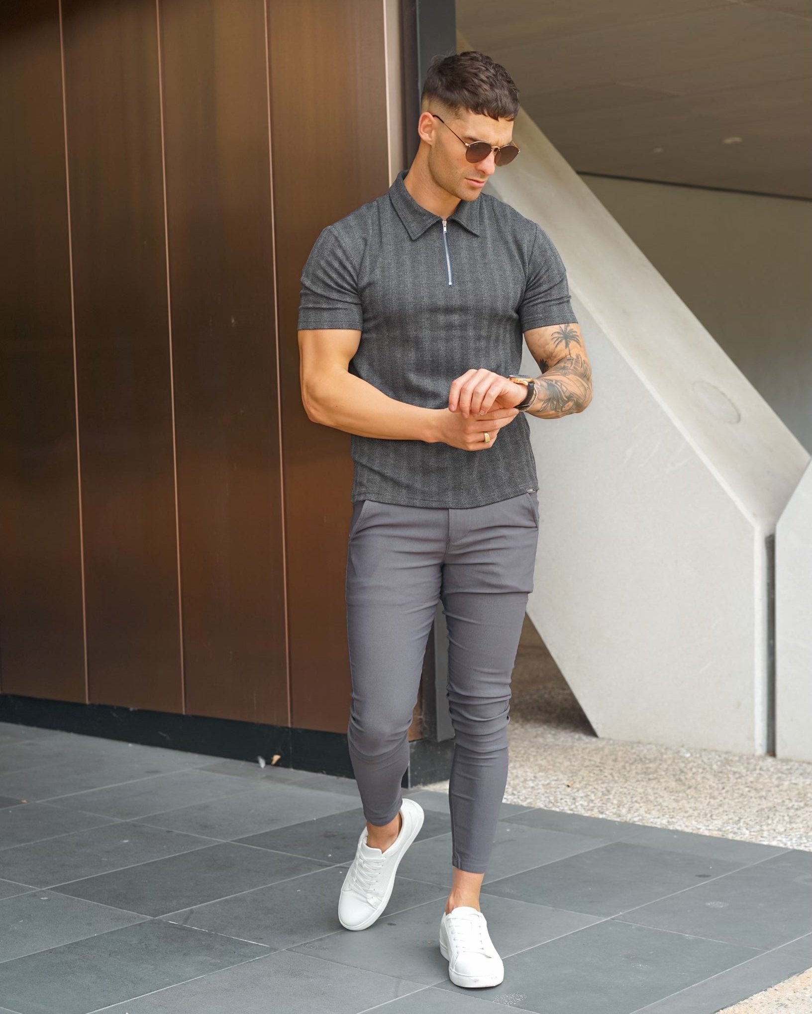 Charcoal Jacquard Zip Polo