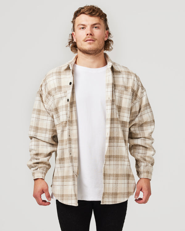 Front of Beige Check Flannel Shirt for men