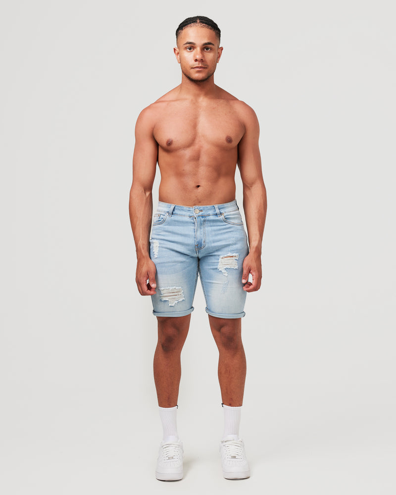 Front of Light Blue Ripped Shorts
