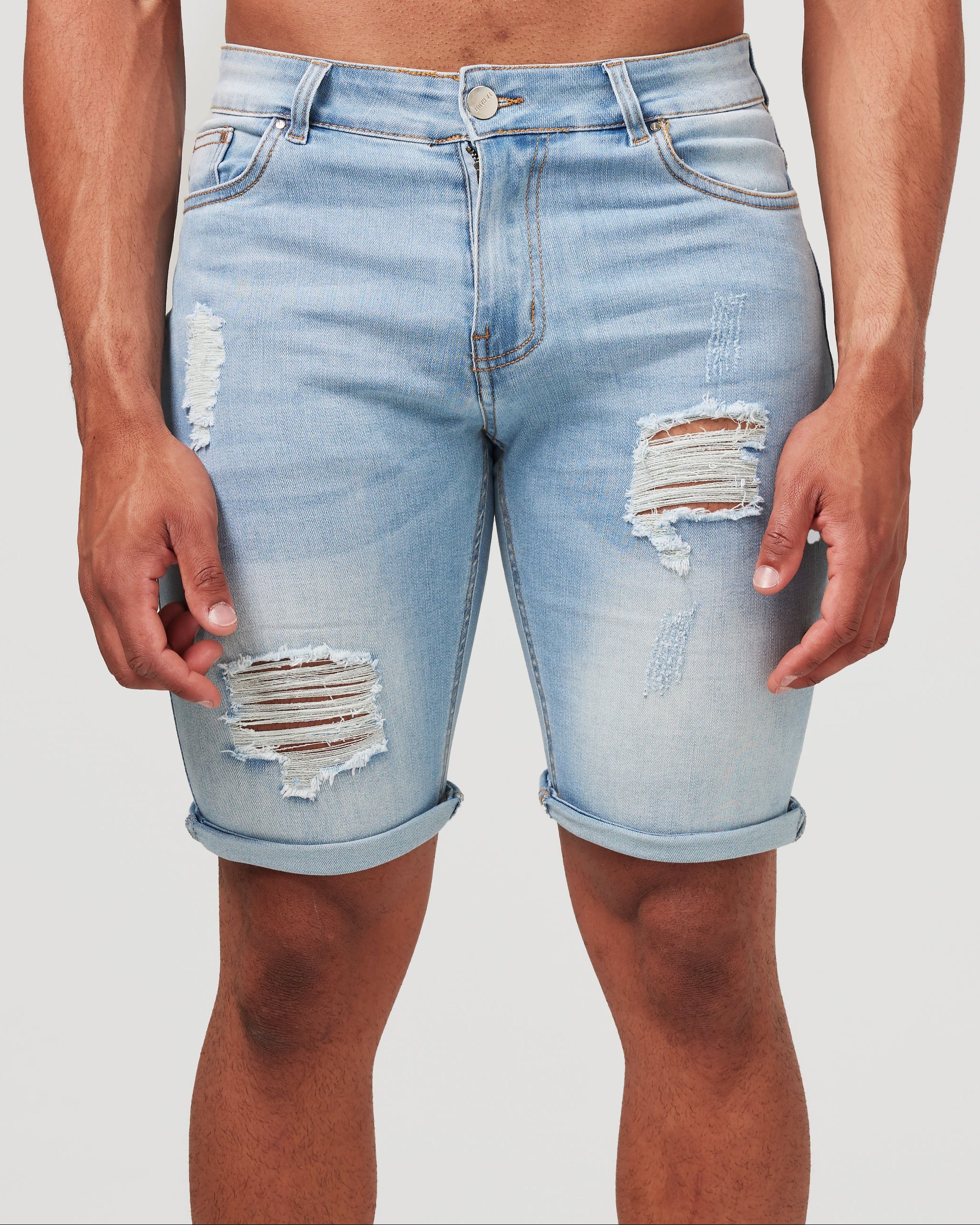 Light denim ripped shorts best sale