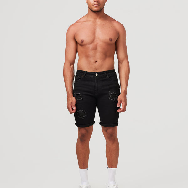 Ripped black jean shorts mens online