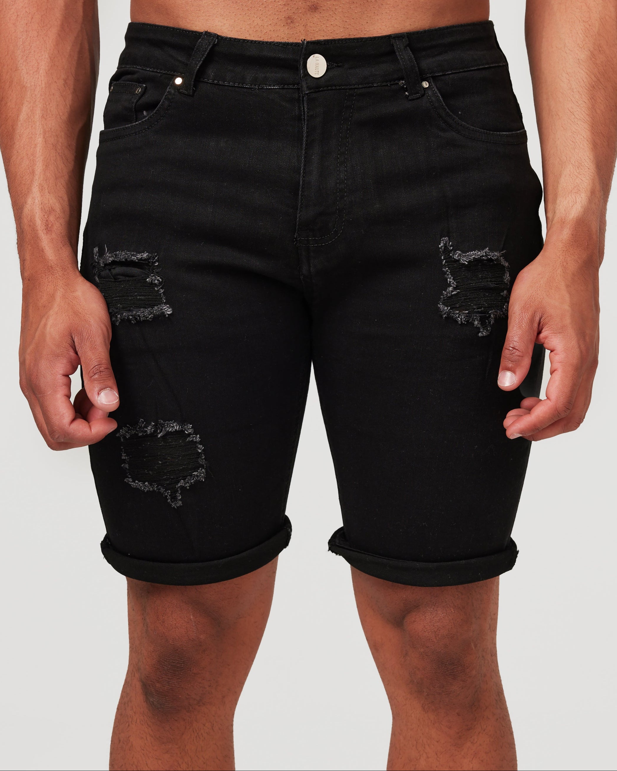 Black ripped jean shorts mens on sale