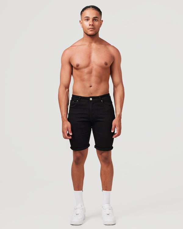 Front of Black denim shorts for men